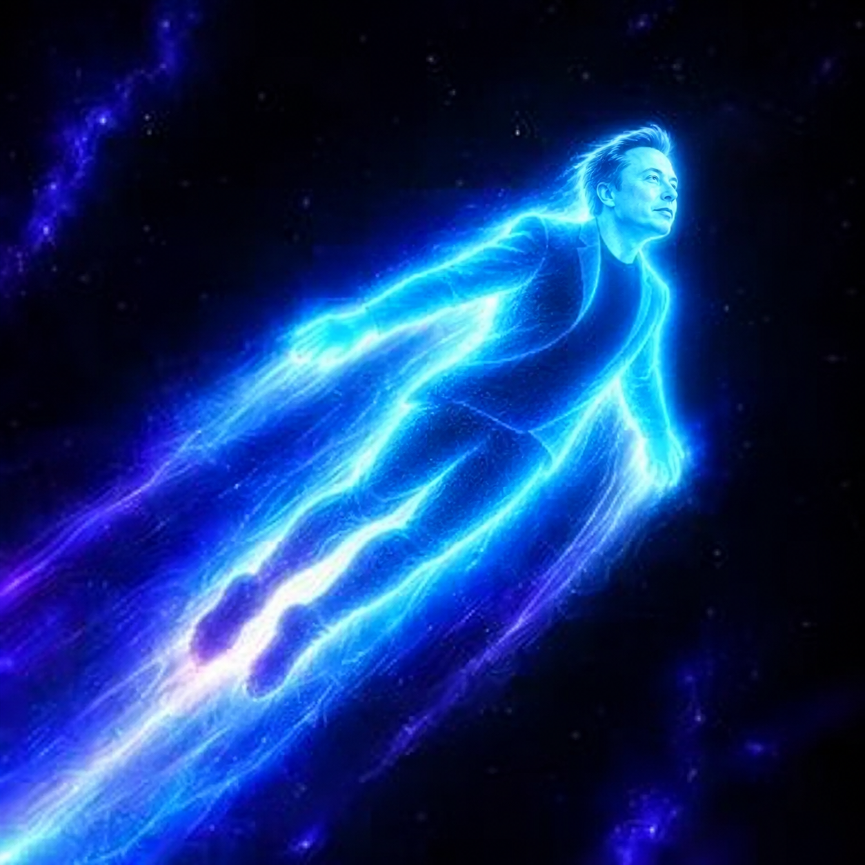 A luminous blue figure accelerating through deep space